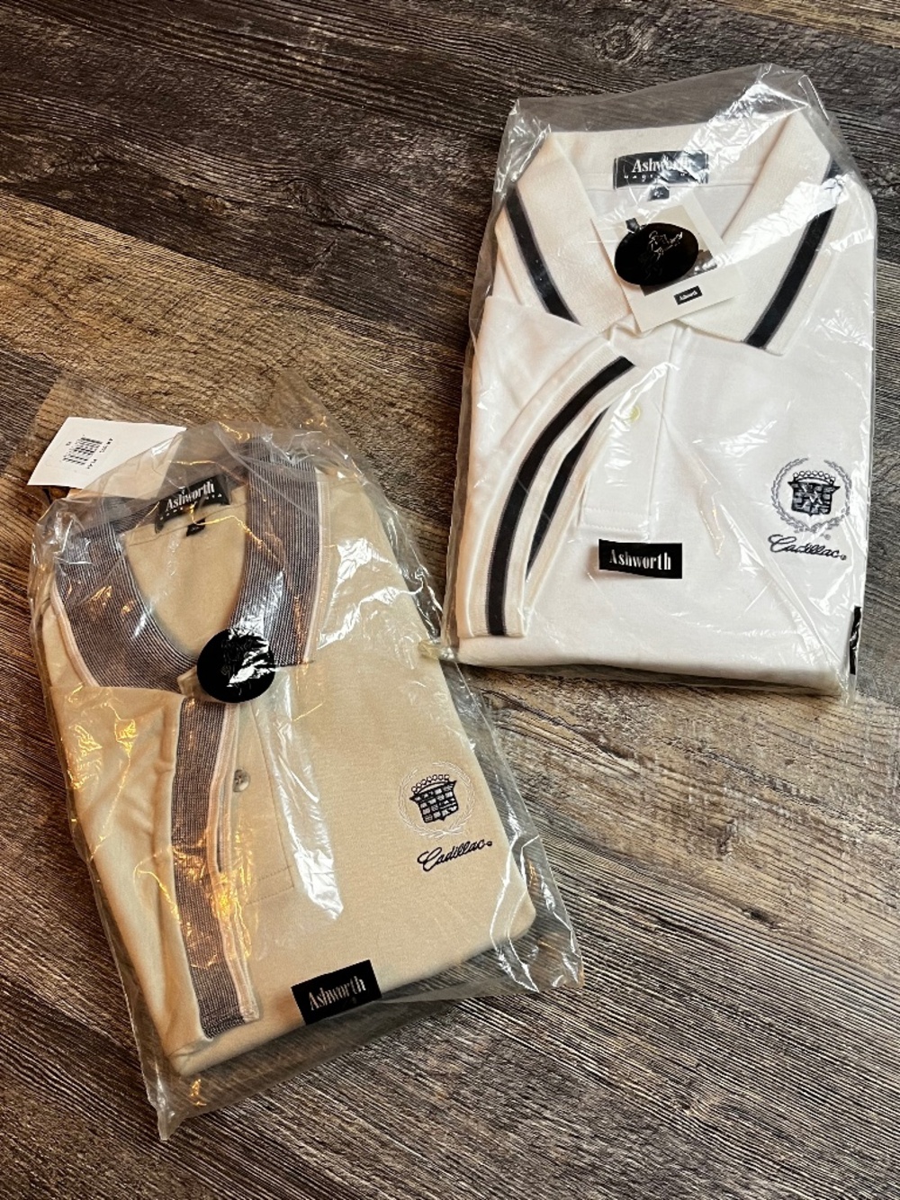 Lot of Two Vintage Caddilac Polo Golf Shirts Size XL White Tan Ashworth NWT 90's
